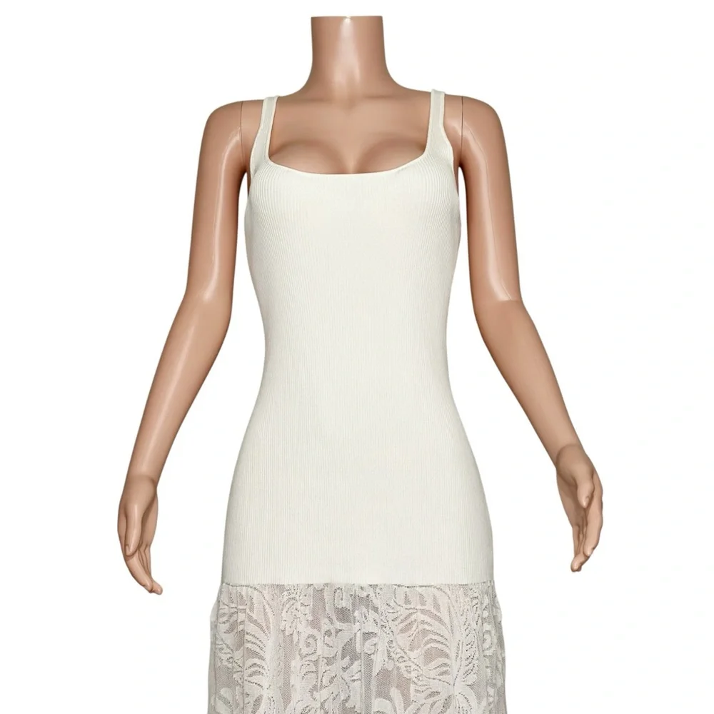 BEC & BRIDGE Rissa Ribbed Knit Dress W/ Mesh Lace Skirt, Ivory, Large - Picture 13 of 15